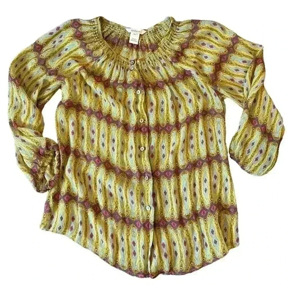 Women’s Sundance 100% Silk Green Tye Dye Blouse Size Medium